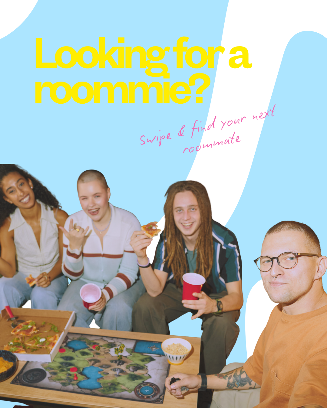 Friends eating pizza and playing board games together — find your perfect flatmates with Domioo